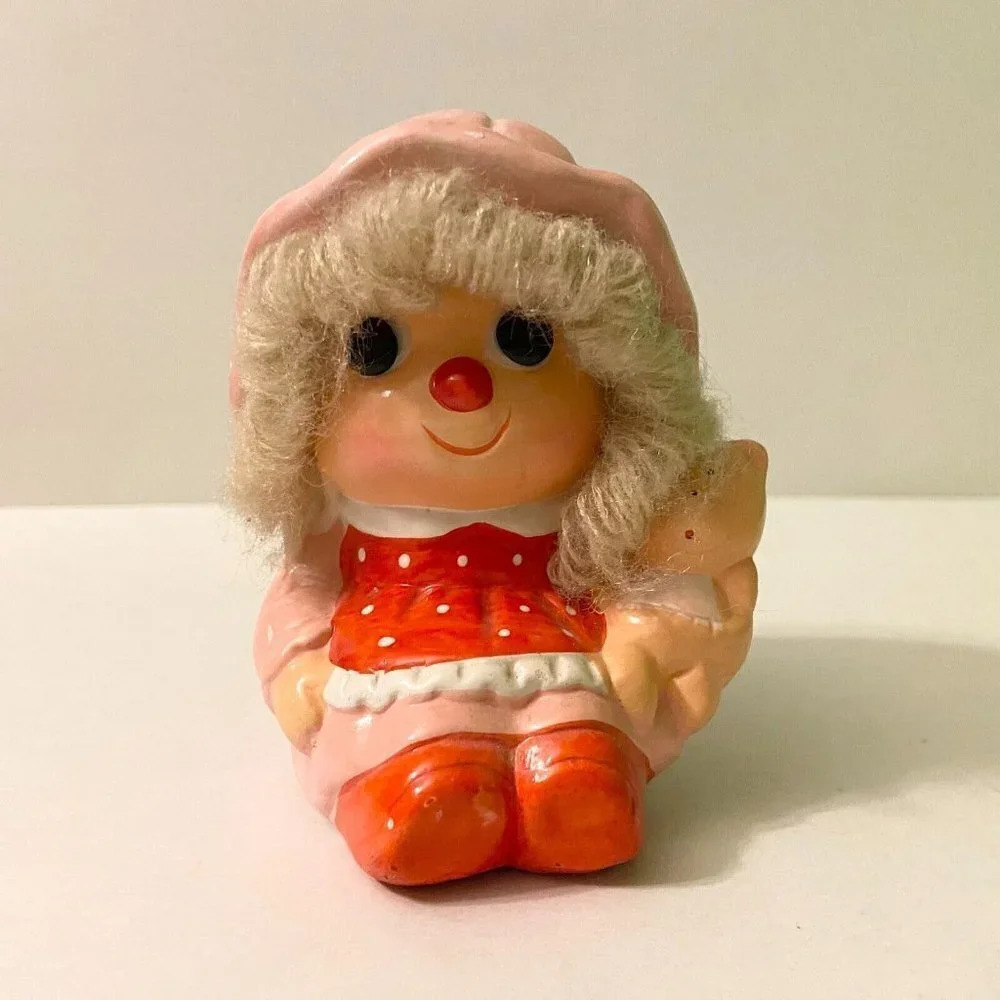 Vintage Ceramic Doll Coin Bank with Teddy Bear Yarn Hair 4 Inch Figurine Taiwan